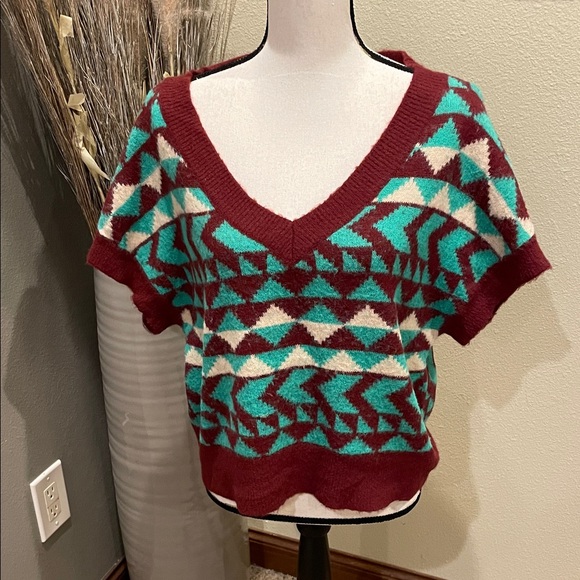 Free People Through The Motions Vest Green & Burgundy Brown Oversized Size Small - Picture 2 of 8